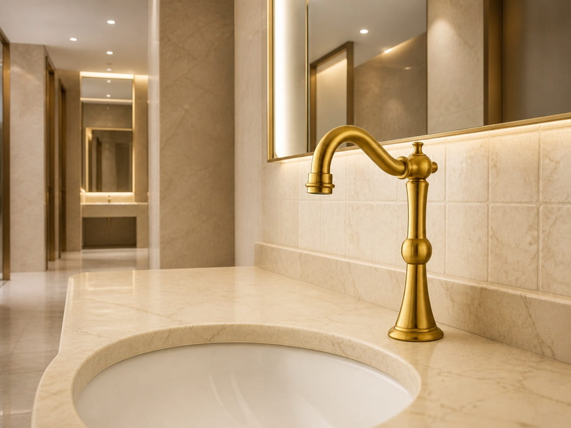 High-traffic commercial restroom with Fontana touchless faucets installed for reliable daily public use